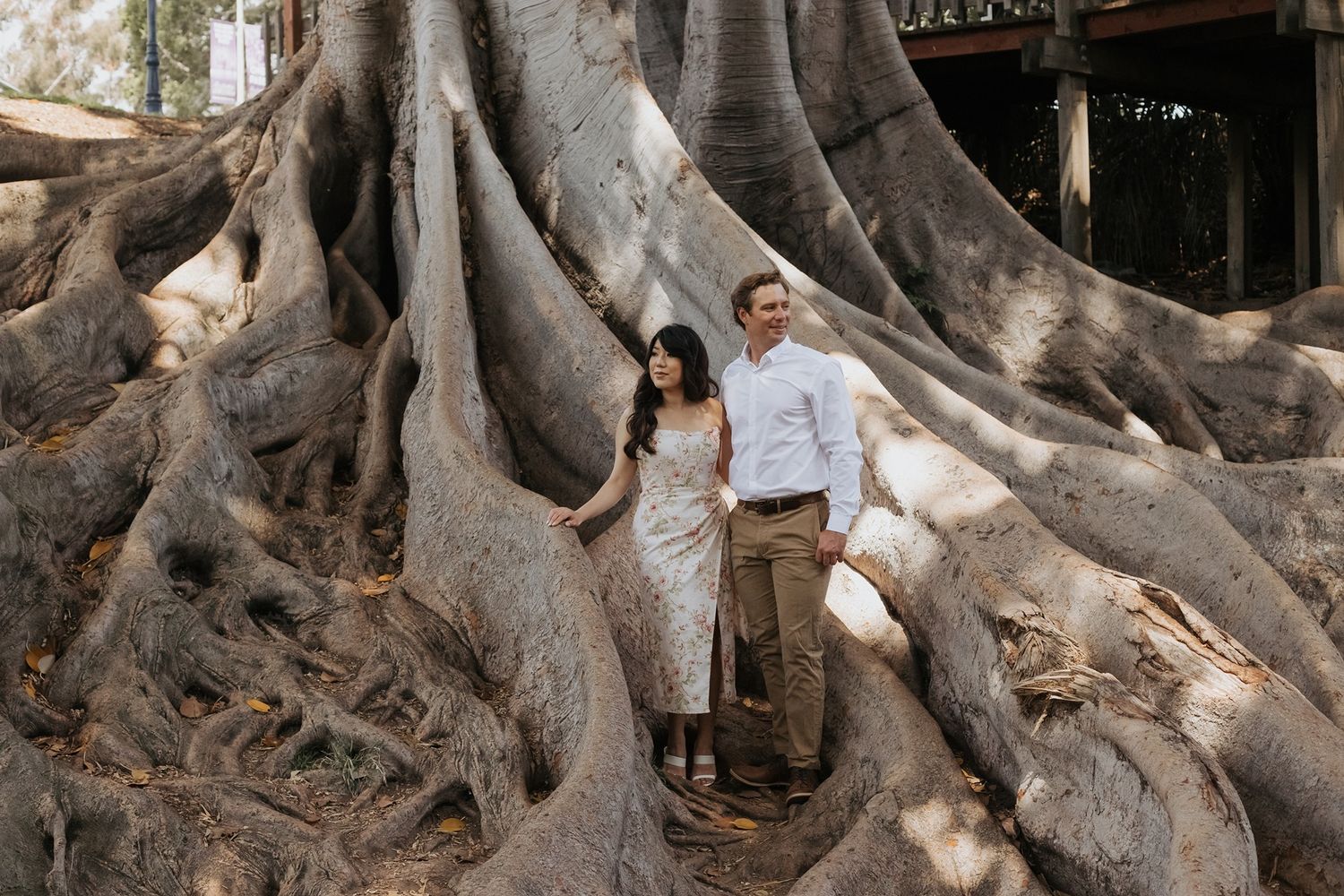 A couple stands on massive tree roots spreading across the ground in a tropical setting with palm trees at Balboa Park in San Diego.