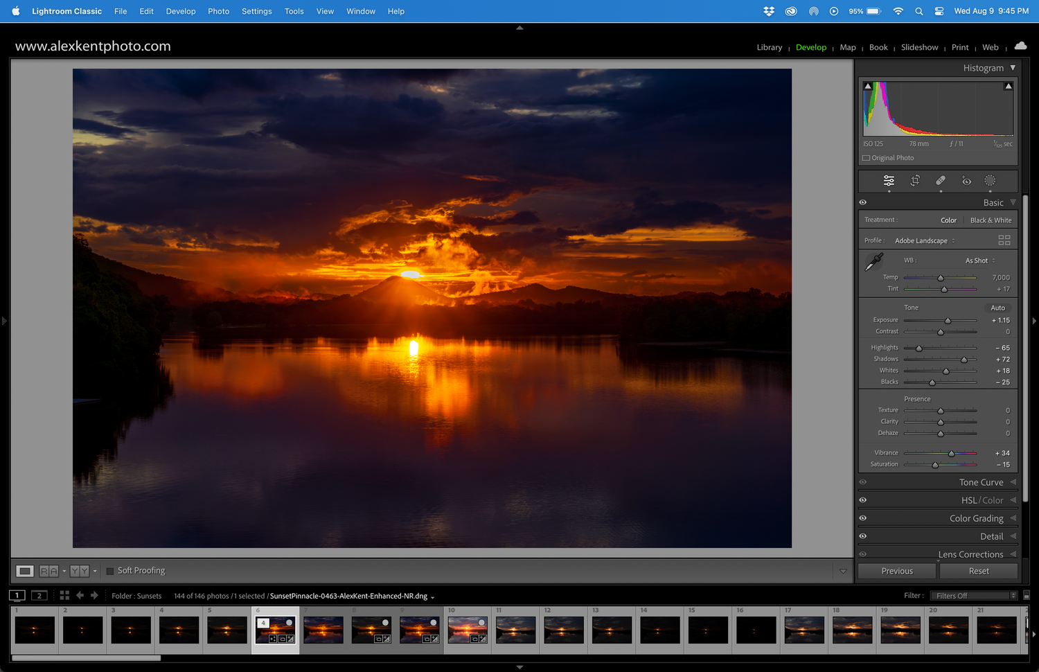 Adobe Lightroom Classic develop view with a dramatic sunset of Pinnacle Mountain being reflected on water
