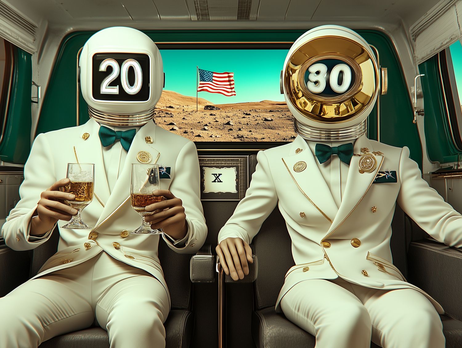 2 Astronauts celebrating with 2 glasses of whiskey Mars landing on Space X.