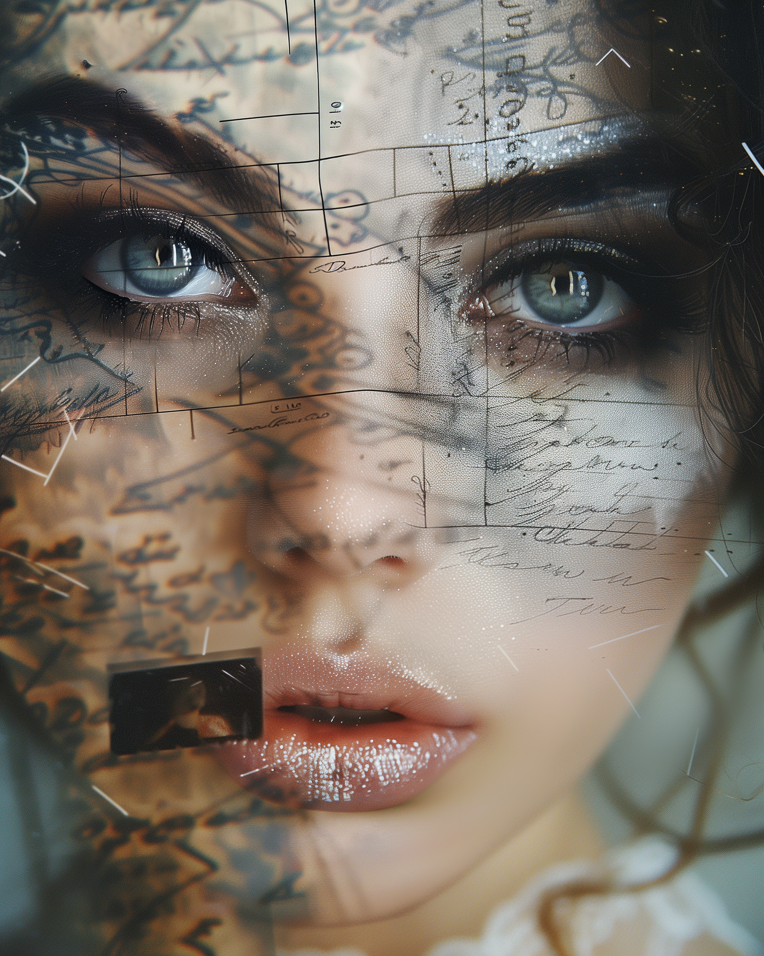 Beautiful blue-green eyes of a model with calligraphy on her face