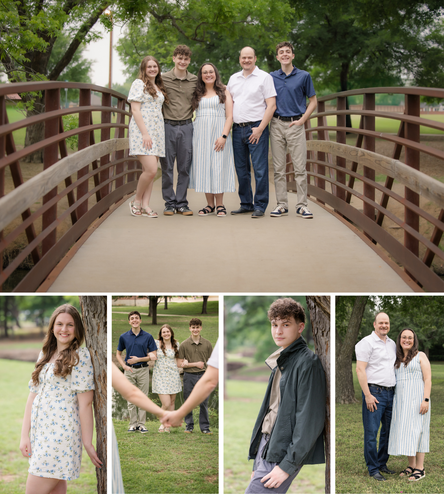 A group of people stand together on a wooden bridge surrounded by green trees in a park setting.