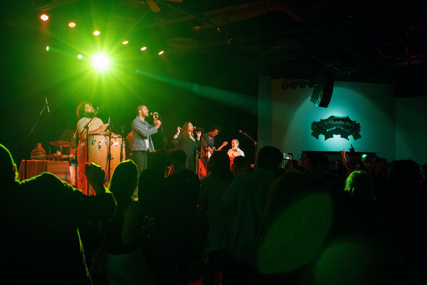 Band performs on dimly lit stage with bright green spotlight and silhouetted crowd at a live concert venue.