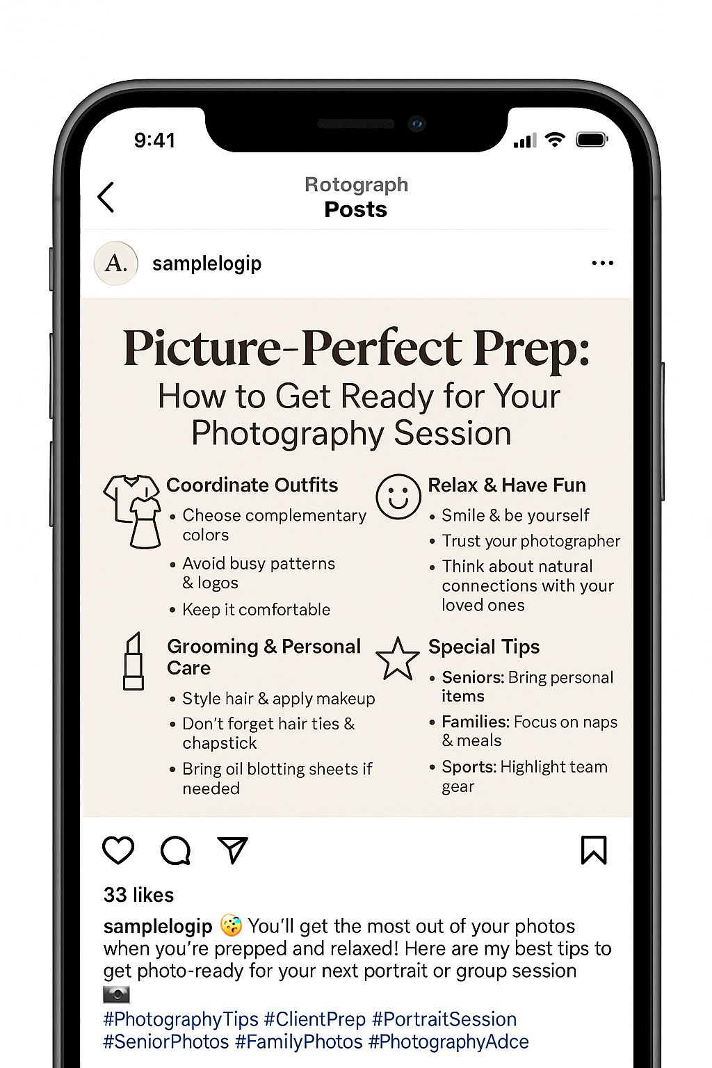 Instagram post showing photography preparation tips including outfit coordination and grooming advice for a photo session.
