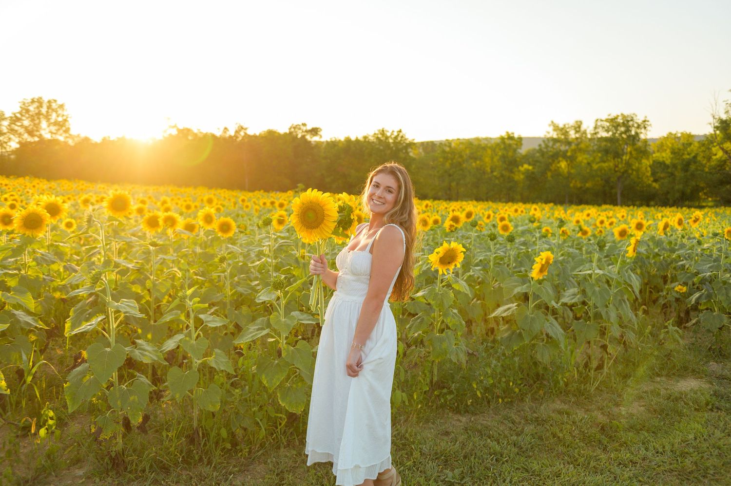 A white sundress-clad figure stands in a glowing sunflower field during golden hour sunset.