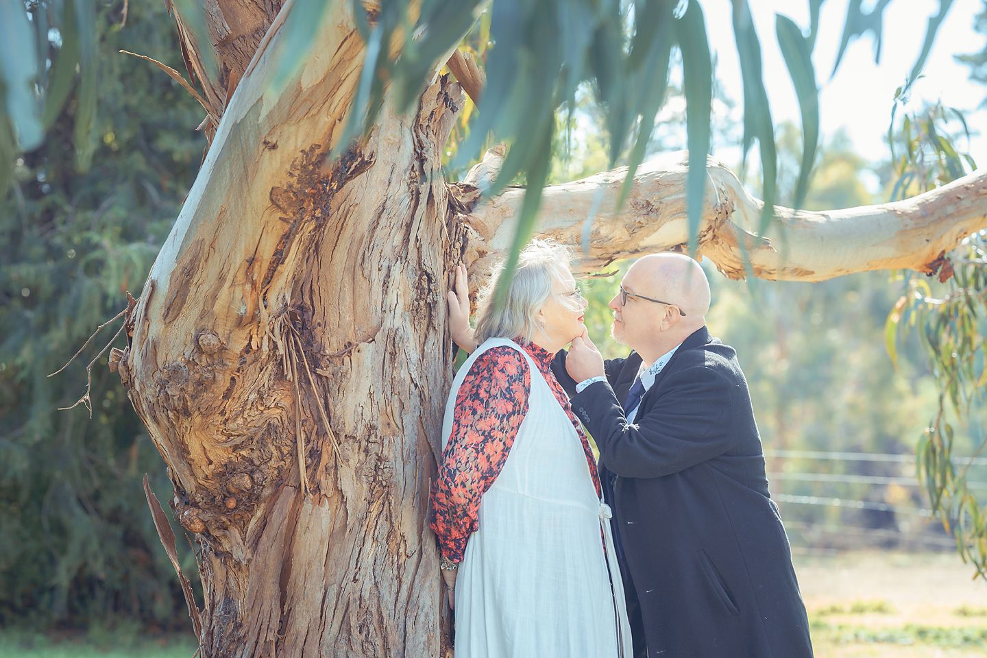 Romantic couple embraces at sunset under a tree in a rustic setting.