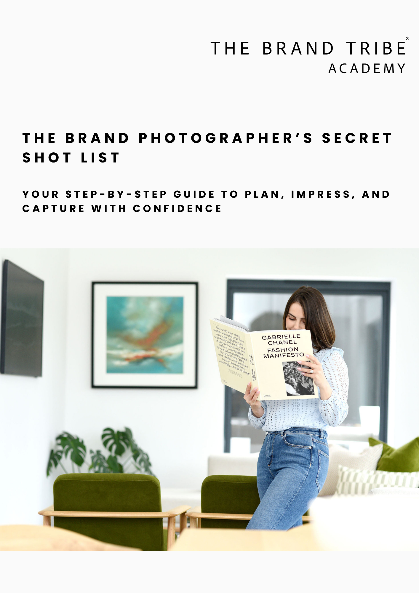 Professional photography website banner showing a clean modern layout with white background and decorative plant elements.