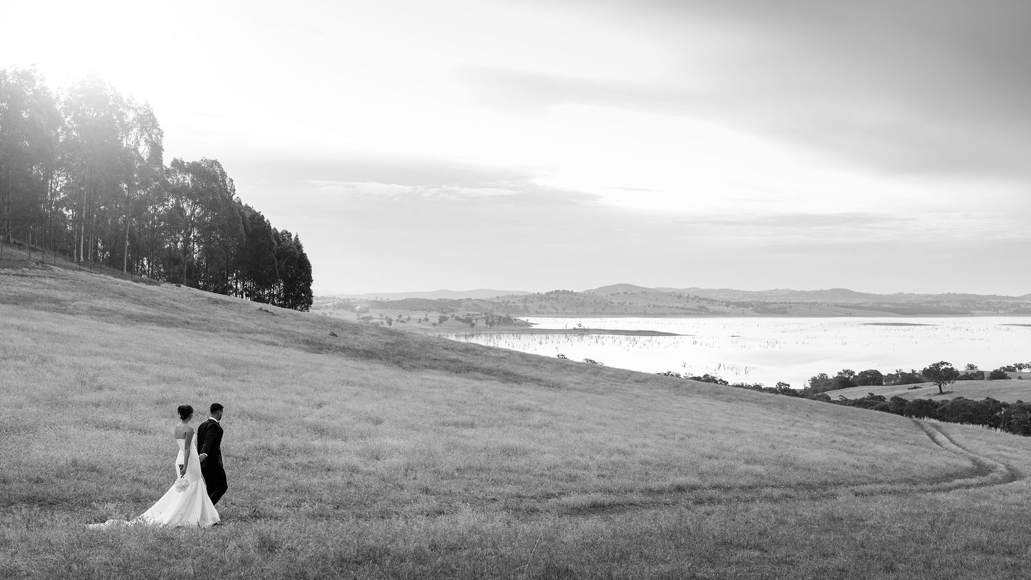 A scenic black and white panoramic view of a Bride and Groom walking in a landscape with rolling hills and Lake Hume in the distance.