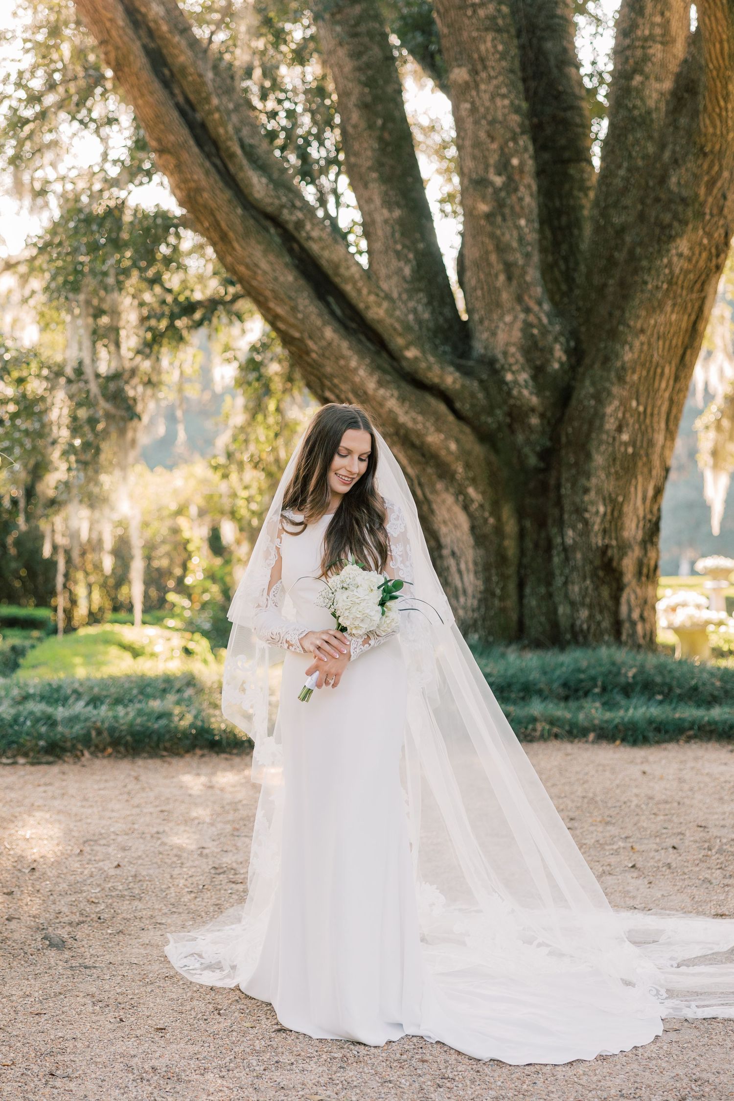 Elegant bride in white gown and veil poses beneath majestic oak tree in garden setting.