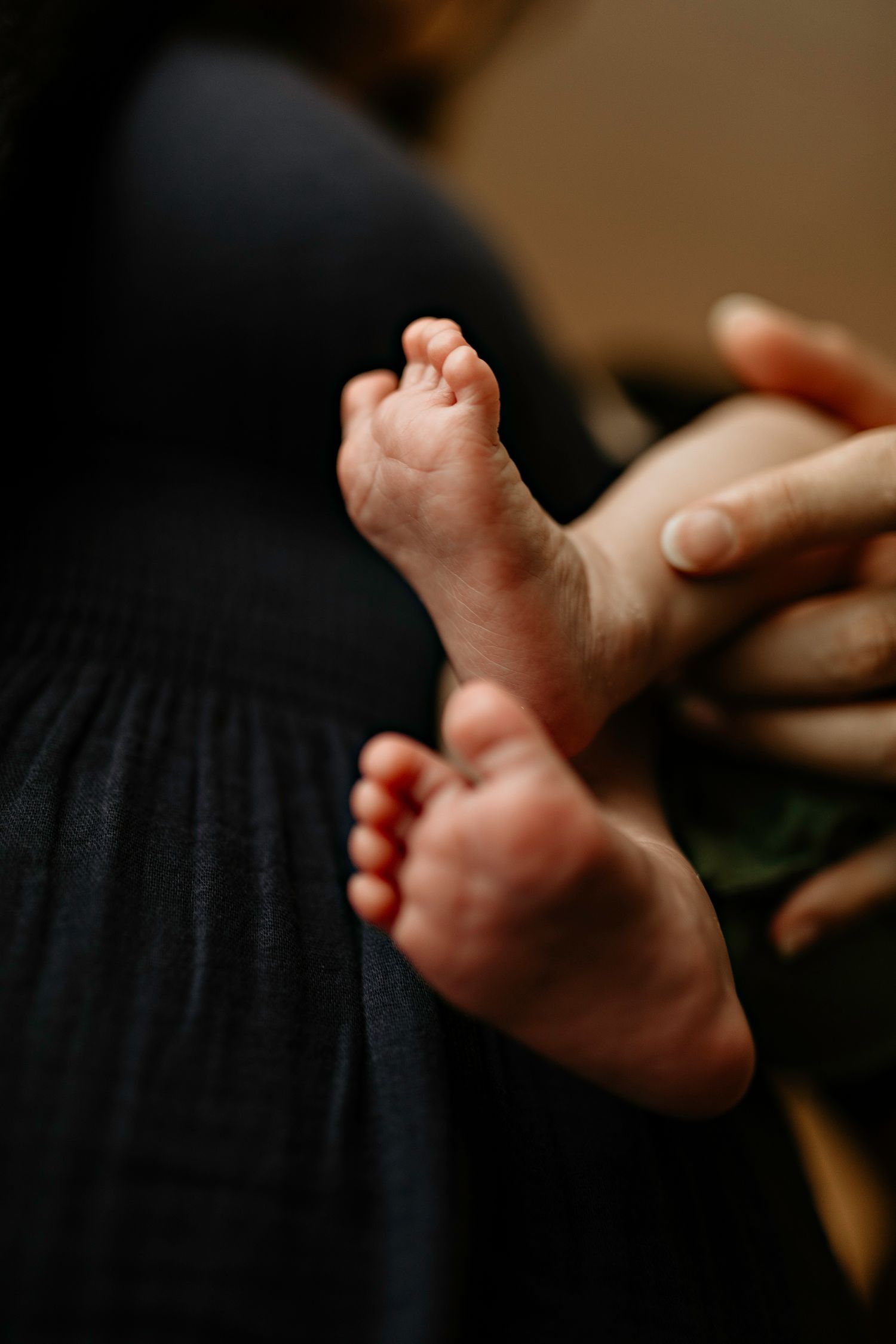 Close-up view of tiny baby feet during in home newborn session in soft lighting.
