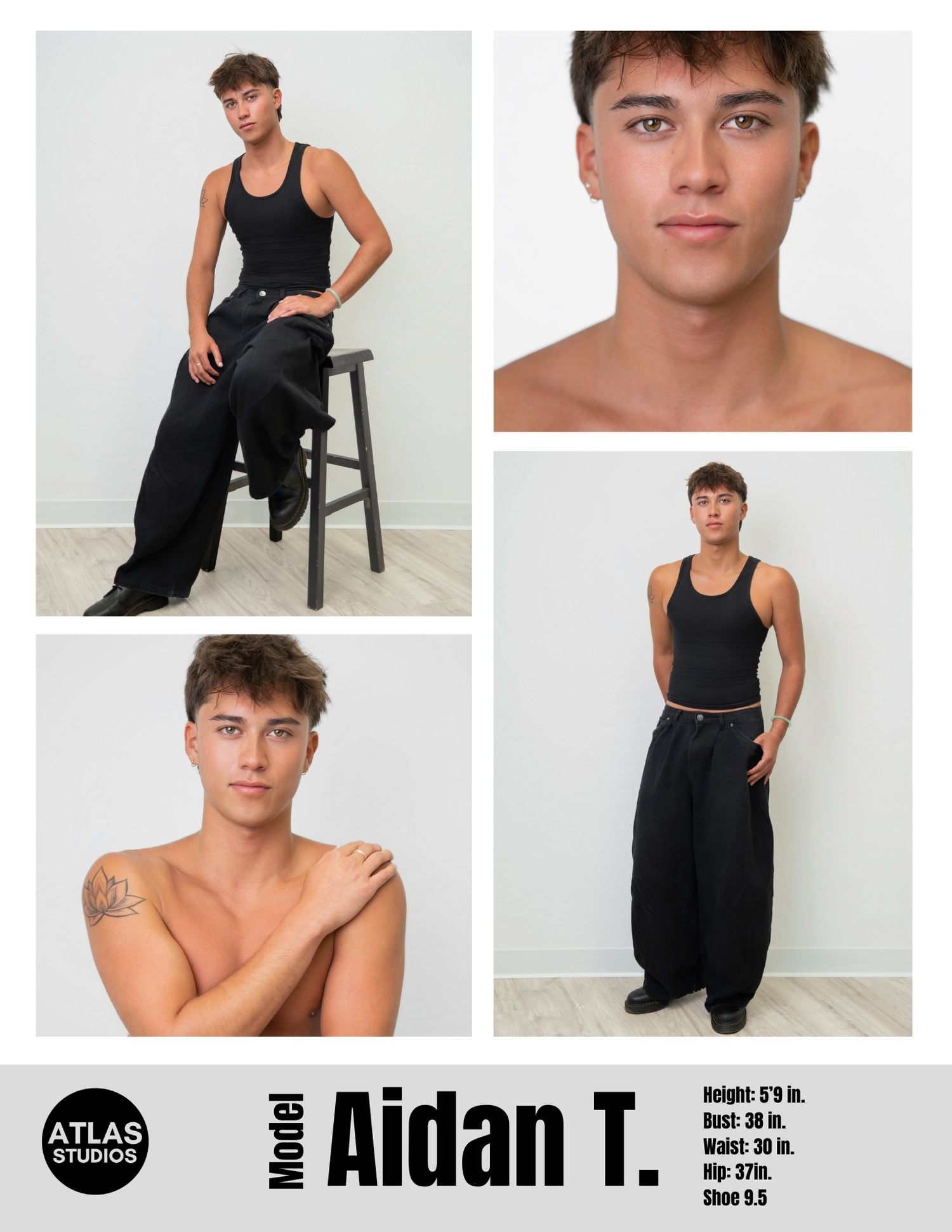 Male model Aidan T. composite card showing four poses in black outfit, Atlas Studios, measurements listed.