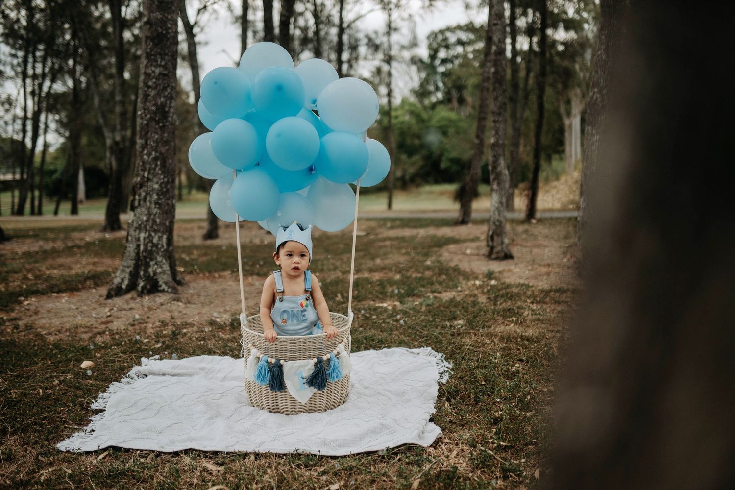 Baby boy in blue crown sits in basket with blue balloons outdoors on white blanket among trees.