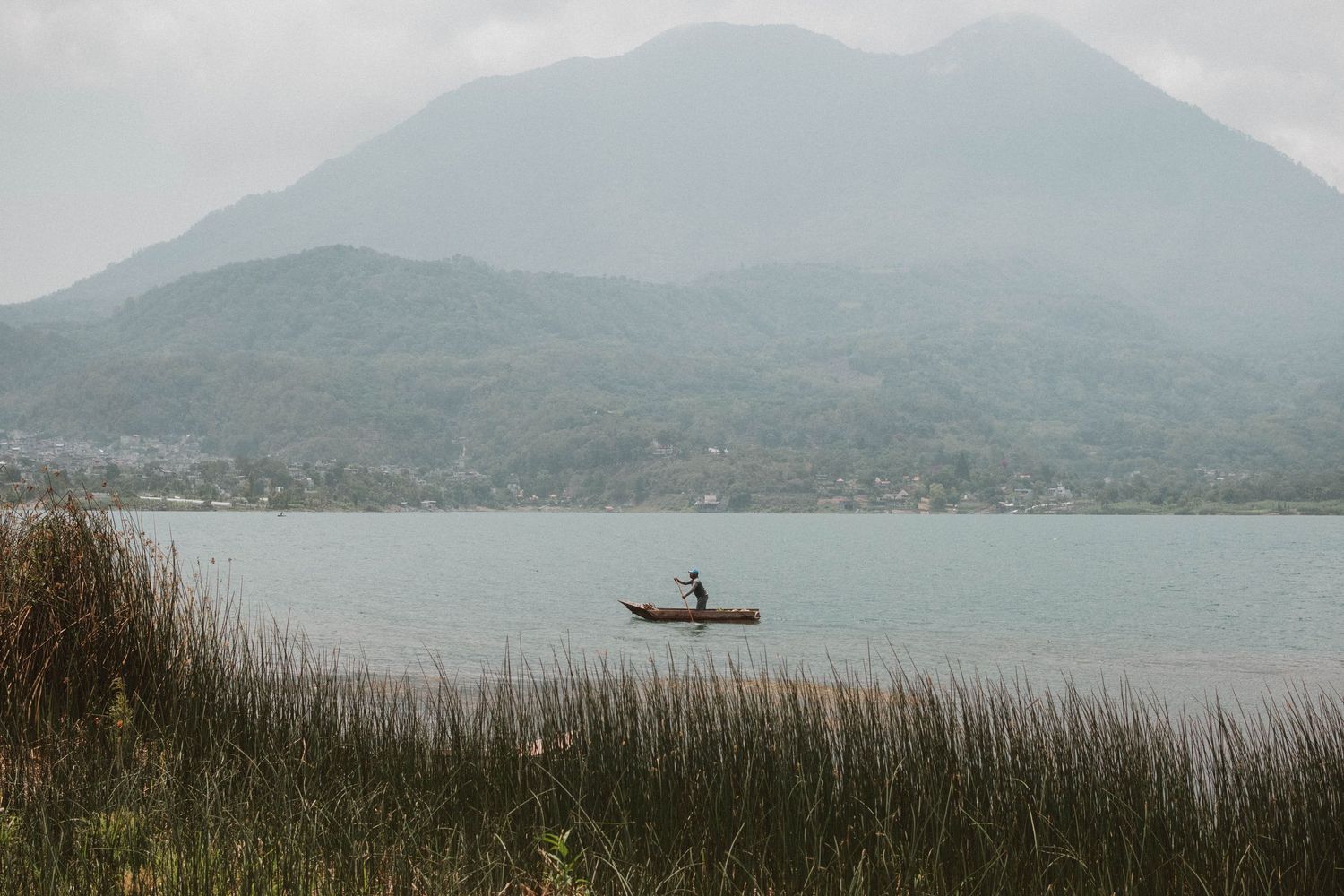 Panoramic view of a misty mountain lake with tall reeds in the foreground and distant hills shrouded in fog.