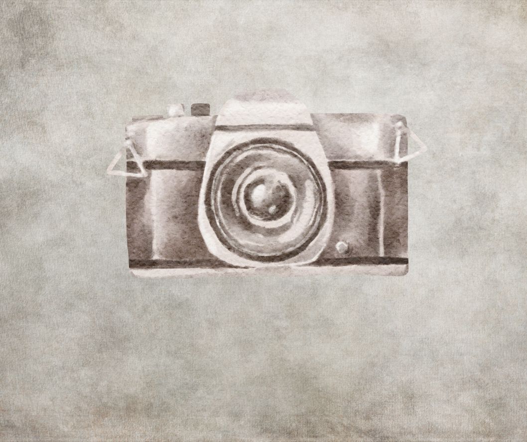 Vintage style illustration of a classic analog camera with lens on textured gray background.