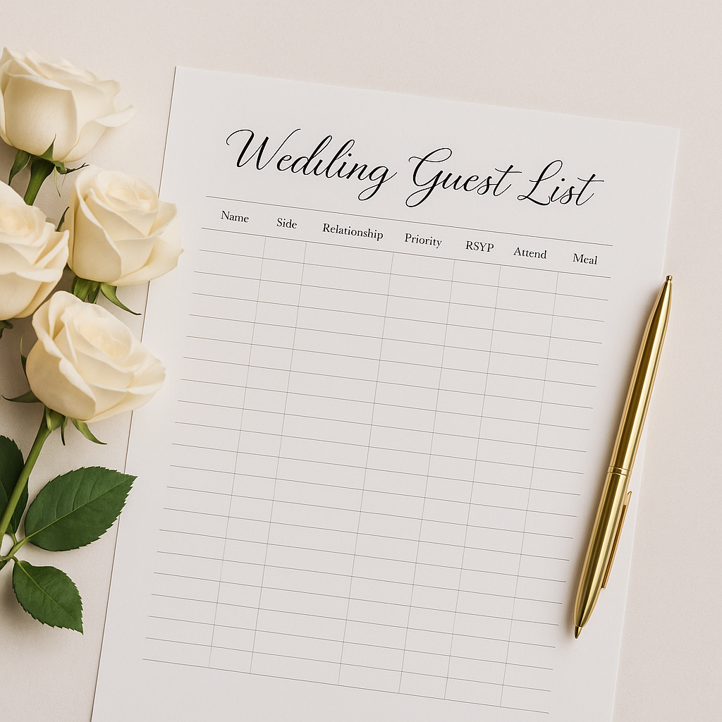 A blank wedding guest list template with white roses and gold pen on light beige background.