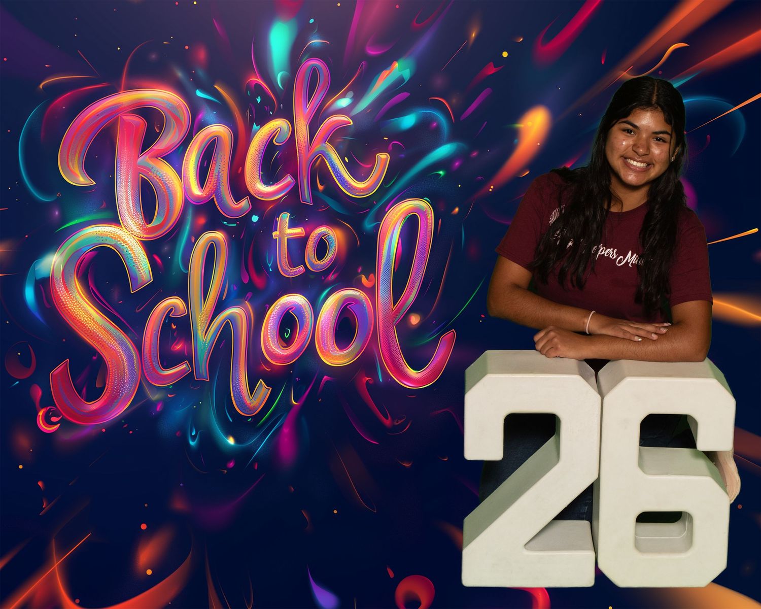 A colorful back to school themed photo with vibrant neon text and the number 26 against a dark background with abstract designs.