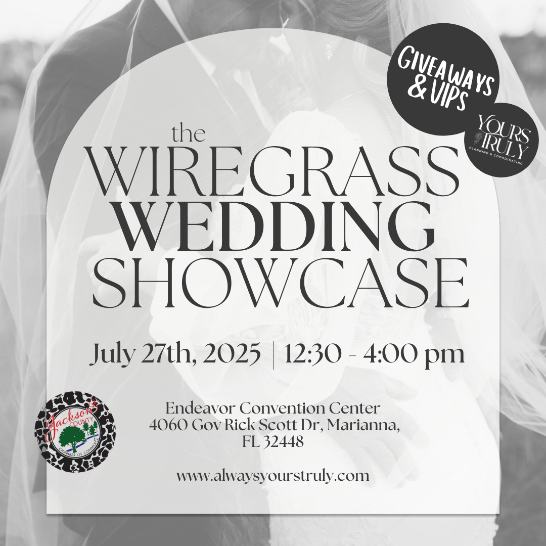 A white and gray banner advertisement for a wedding showcase event at Wiregrass venue displaying text and contact details.