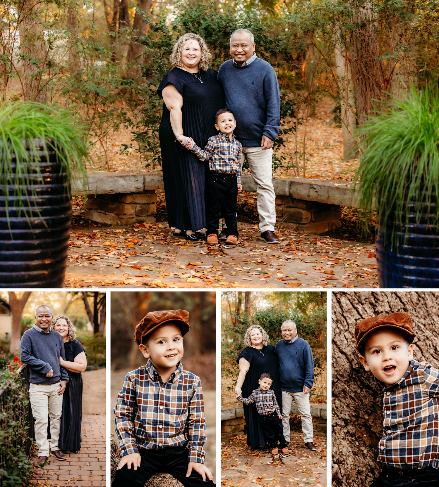 A fall family portrait session in a garden with brick walls and decorative planters surrounded by autumn leaves.