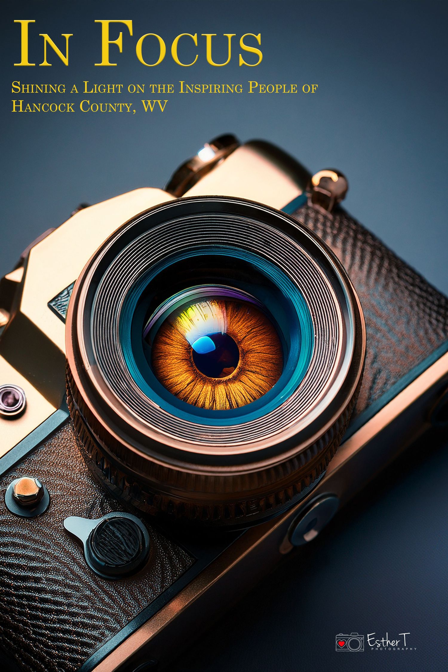 Vintage camera with a human eye reflected in the lens, In Focus Hancock County WV photography series cover.
