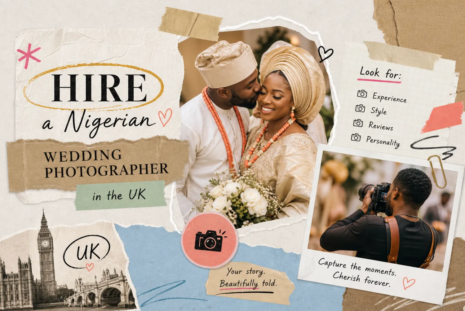 Nigerian wedding photographer UK promotional collage featuring couple in traditional attire with London landmarks.