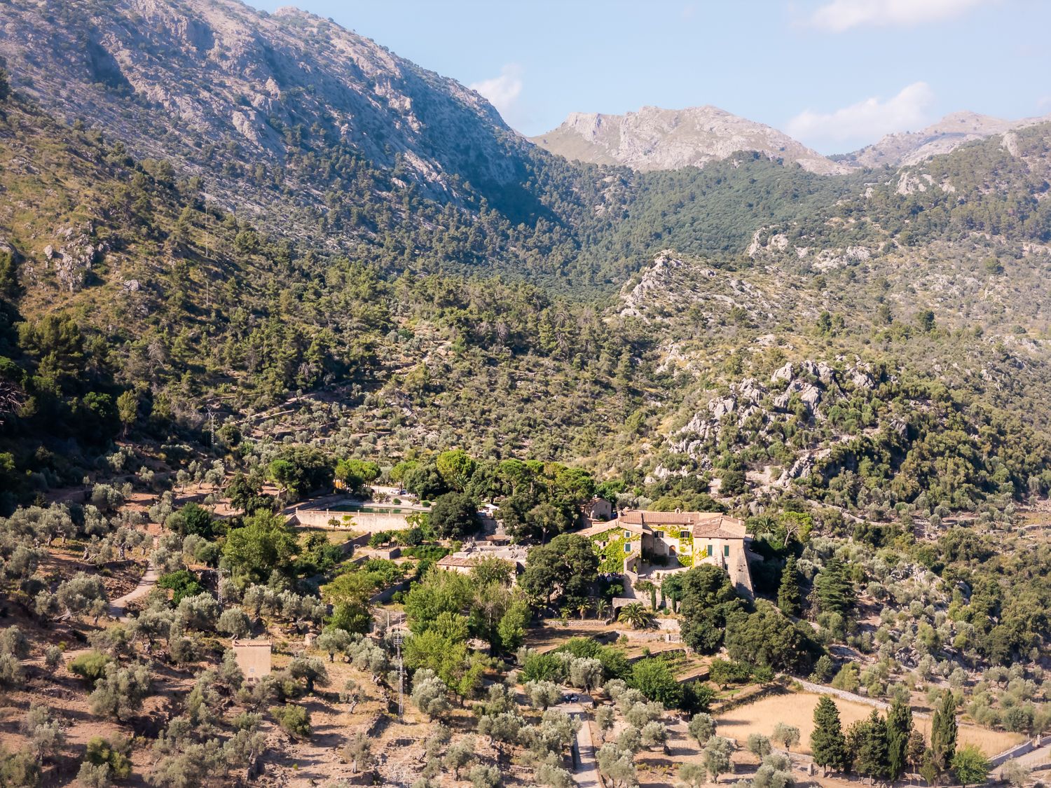 aerial photo of Finca Comassema - a magnificent wedding venue in the middle of a valley in the heart of the island of Mallorca