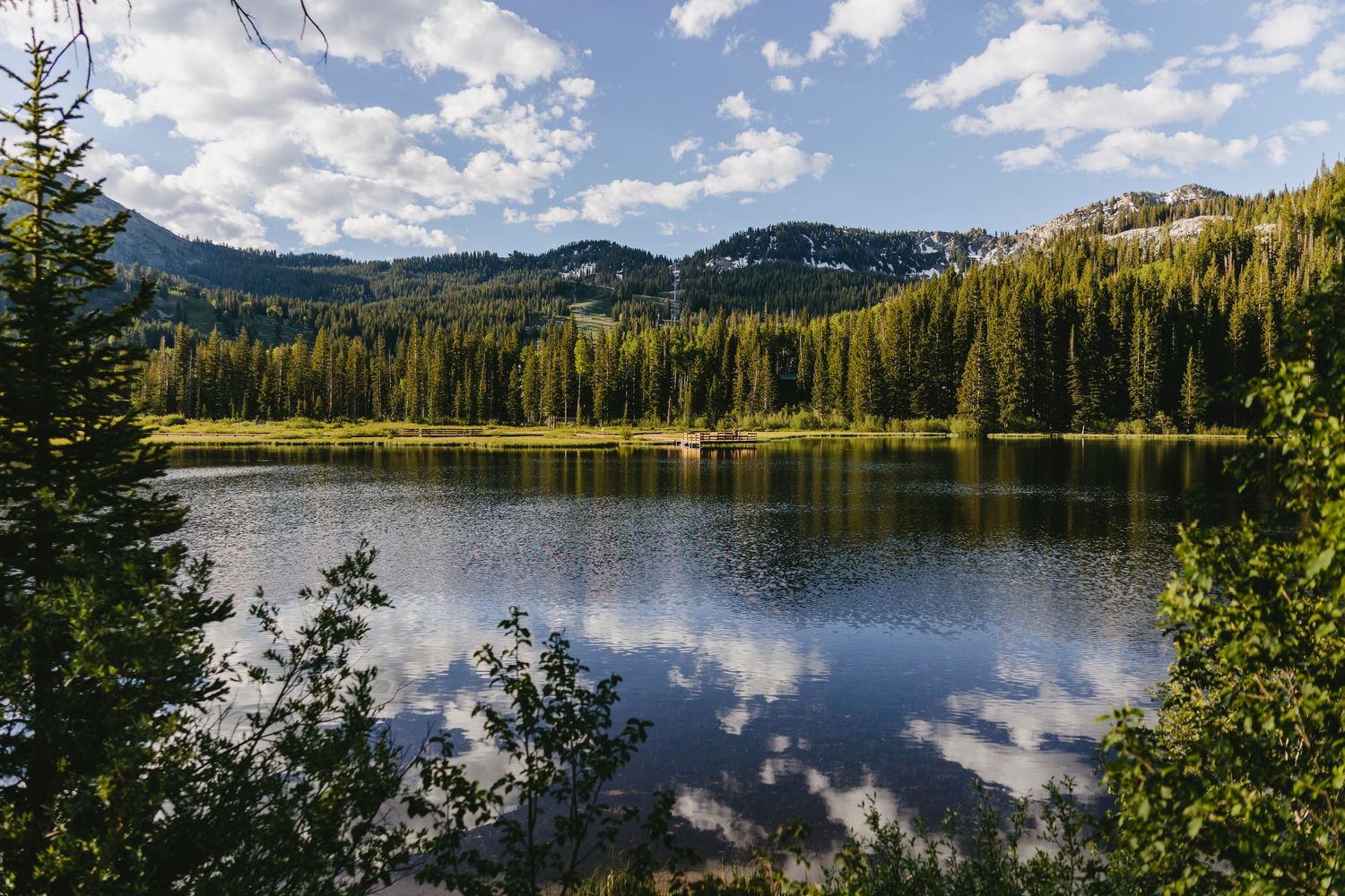 lake in the mountains, surrounded by pine trees, with clouds and blue skies mirrored in the lake's reflection