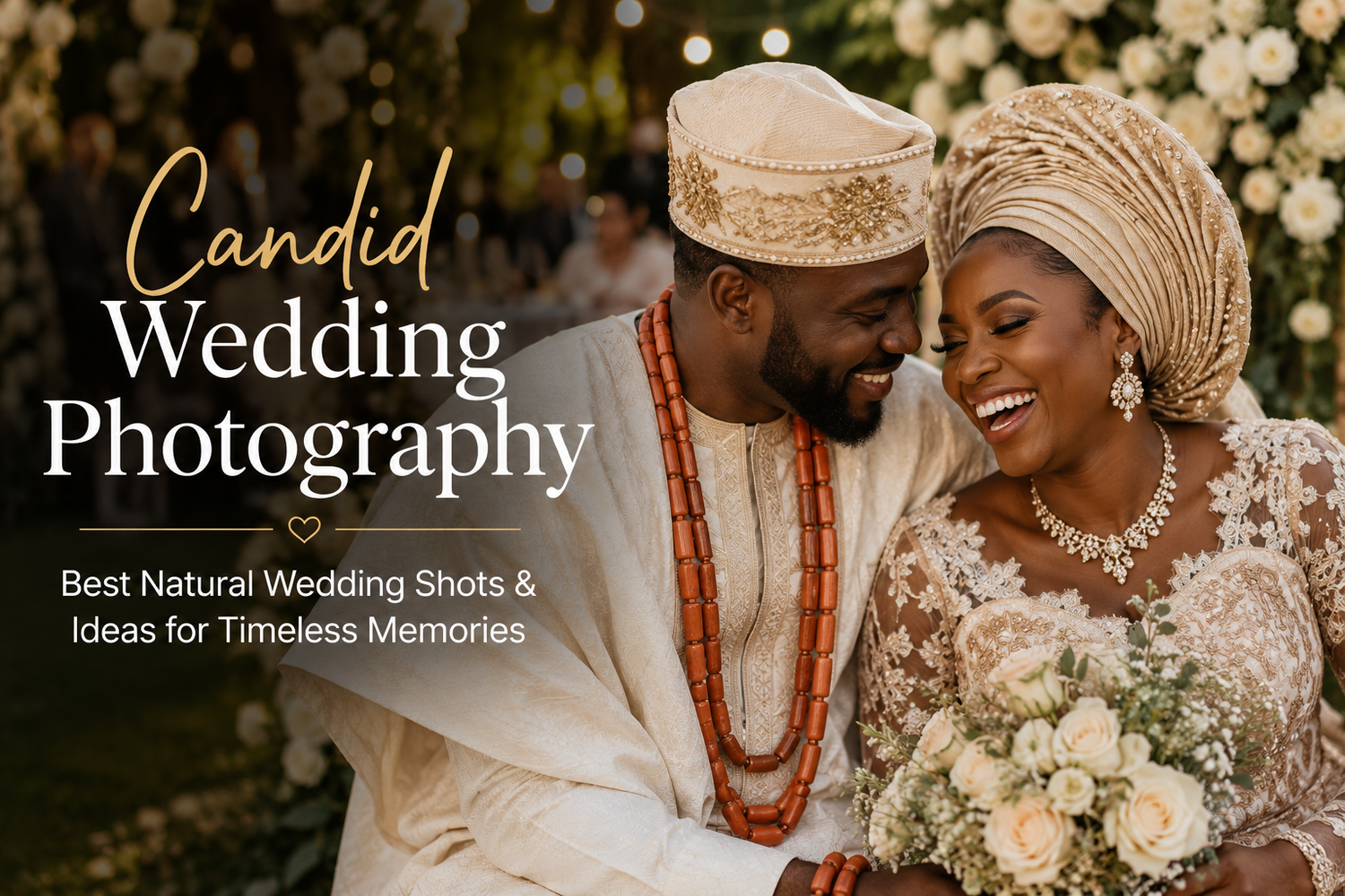 A joyful Nigerian couple in traditional wedding attire smiling together, promoting candid wedding photography tips.