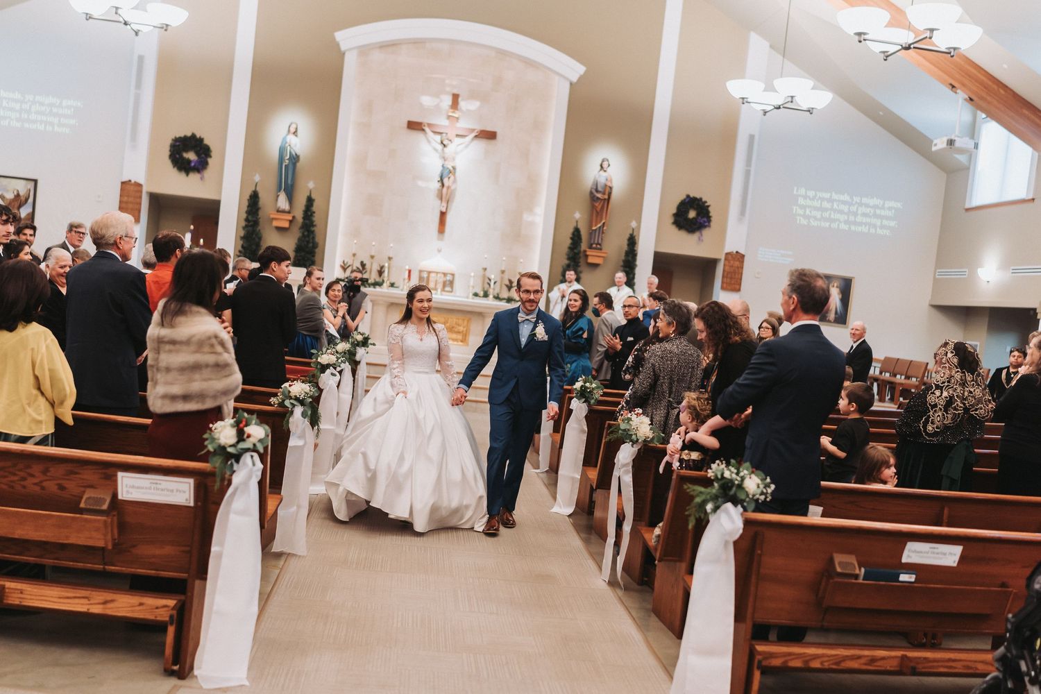 A series of wedding ceremony photos showing a church interior with guests, pews, and a bride in a white dress.