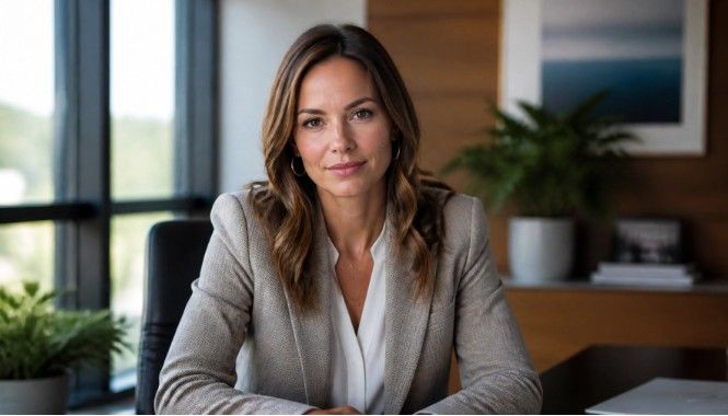 Professional businesswoman in gray blazer sitting at office desk with natural light and green plants.