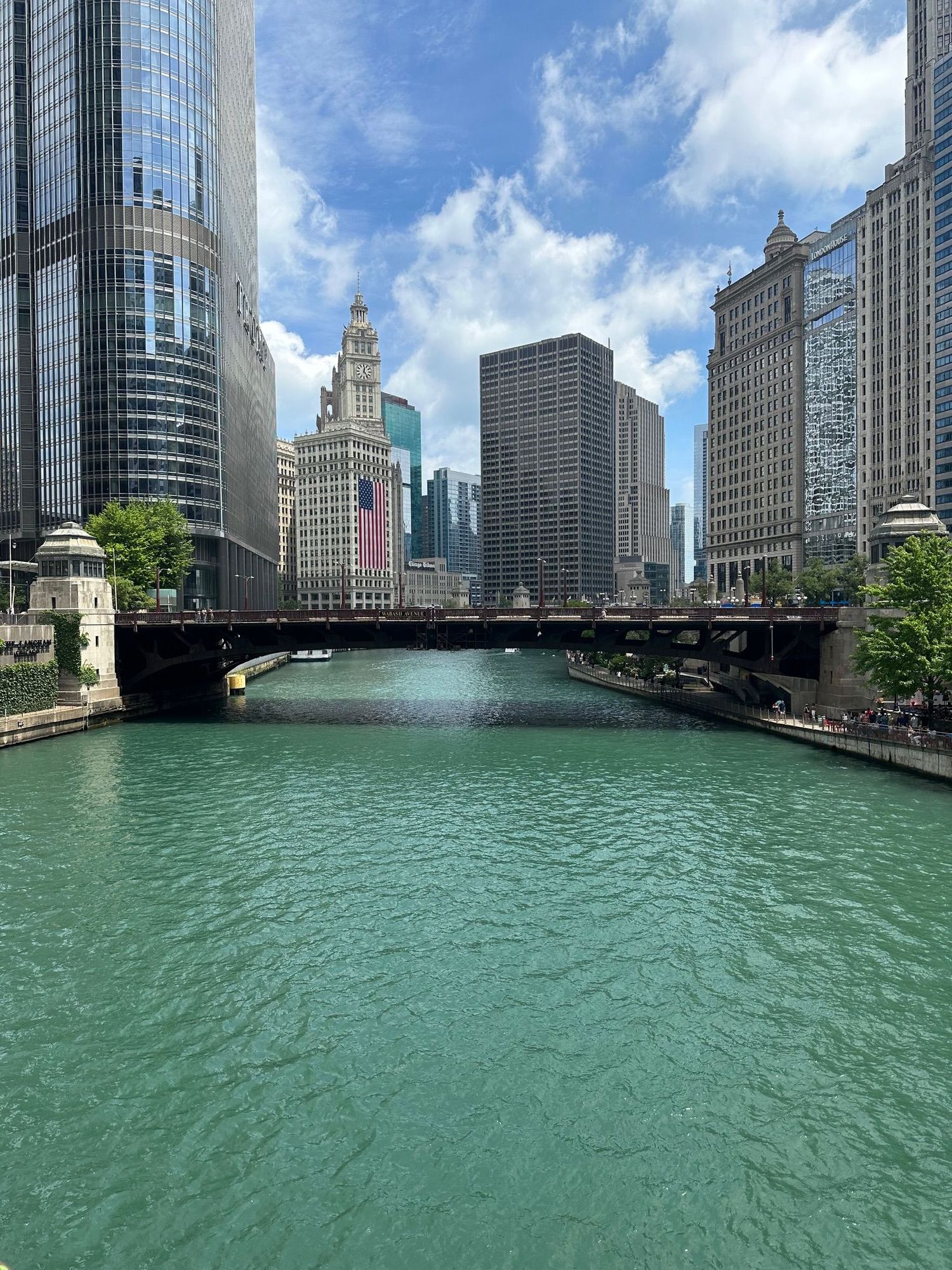 Panoramic view of Chicago's downtown skyline and green river water along the riverwalk with skyscrapers reflecting in sunlight