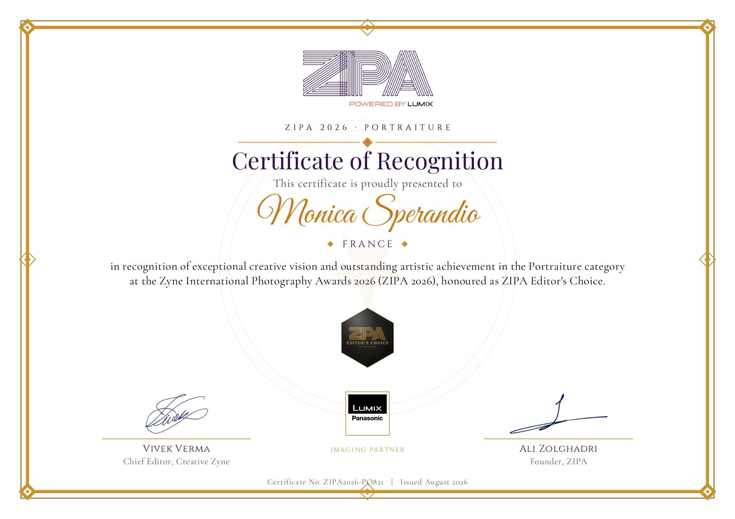 Certificate of Recognition from ZIPA awarded to Monica Sperandio for Portraiture excellence at the Zyro International Photography Awards.
