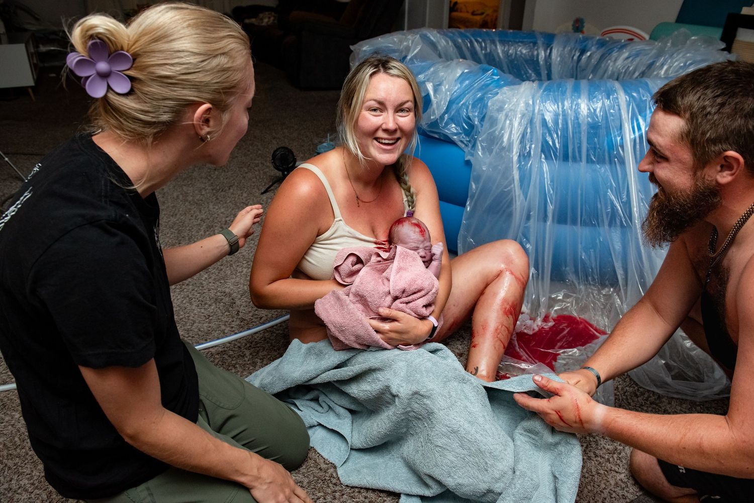 A series of candid photos showing people gathered around water jugs during what appears to be a party game or activity.