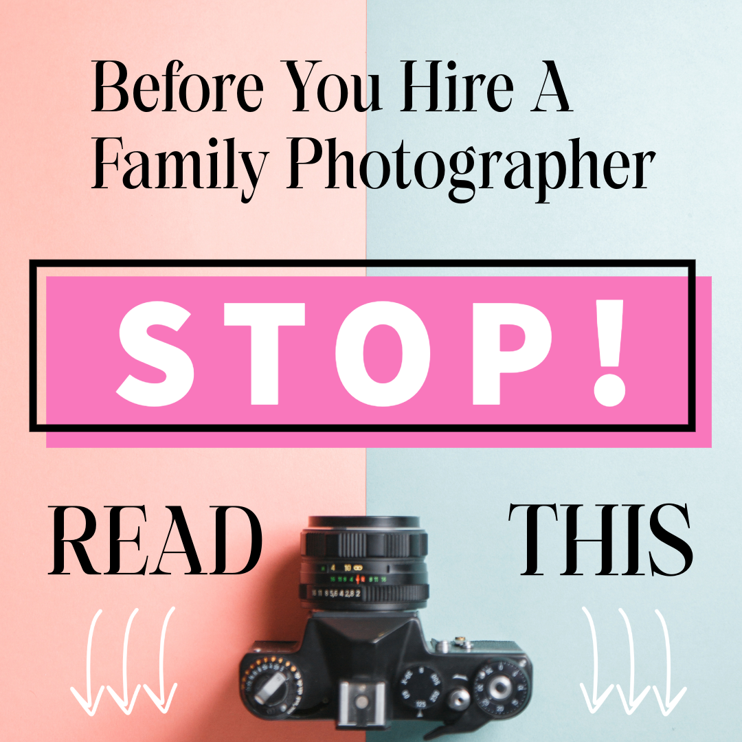 Marketing banner for photographers showing camera equipment and text warning to read before hiring a family photographer.