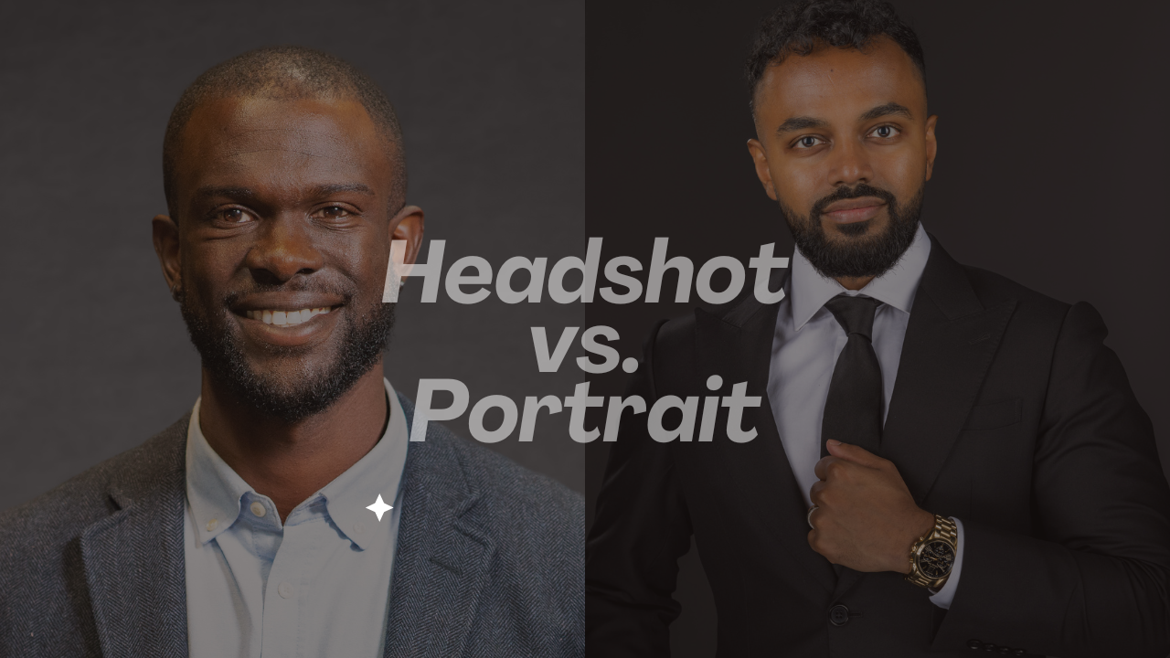 Side by side professional headshot and portrait style photo comparison in formal business attire against dark background.