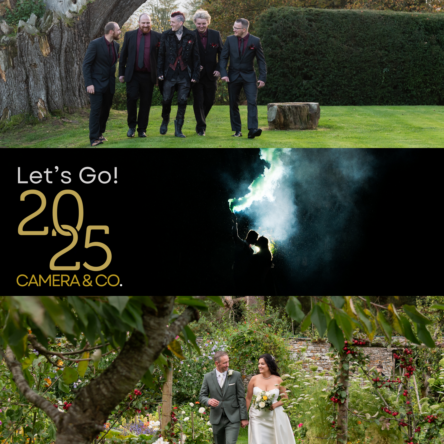 Outdoor wedding photography collage showing garden and venue scenes.