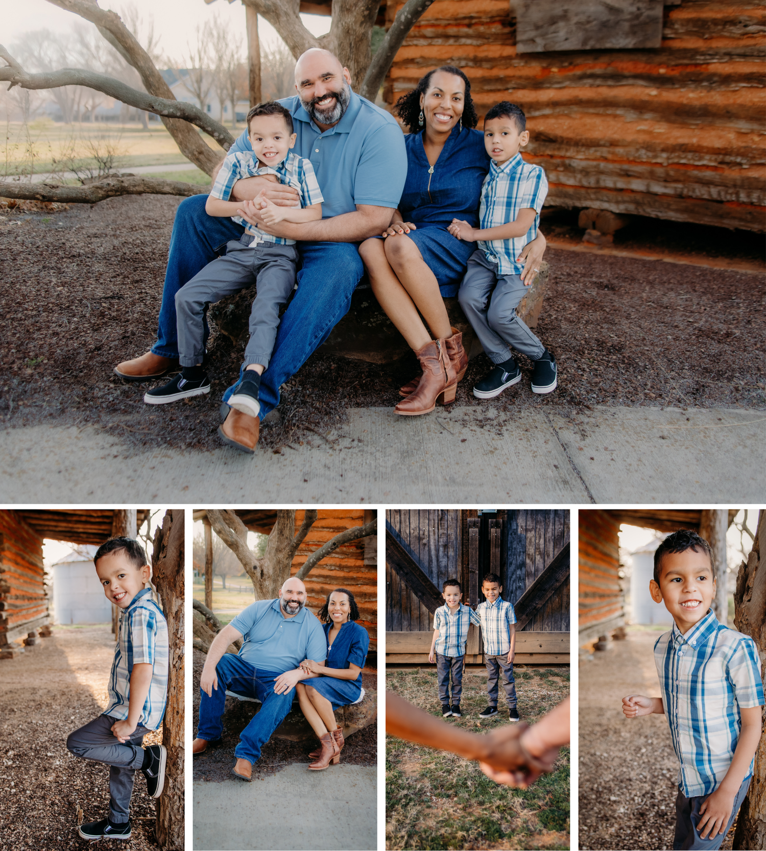 Family photo collage outside rustic cabin with wood paneling and fall scenery.
