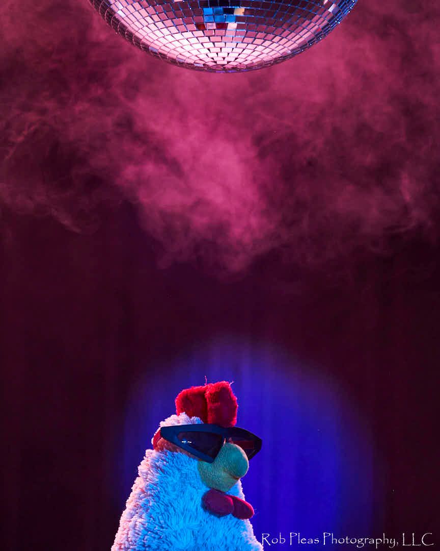 Cover shot of chicken family calendar shows papa chicken wearing sunglasses while being surrounded by fog and colored lights.