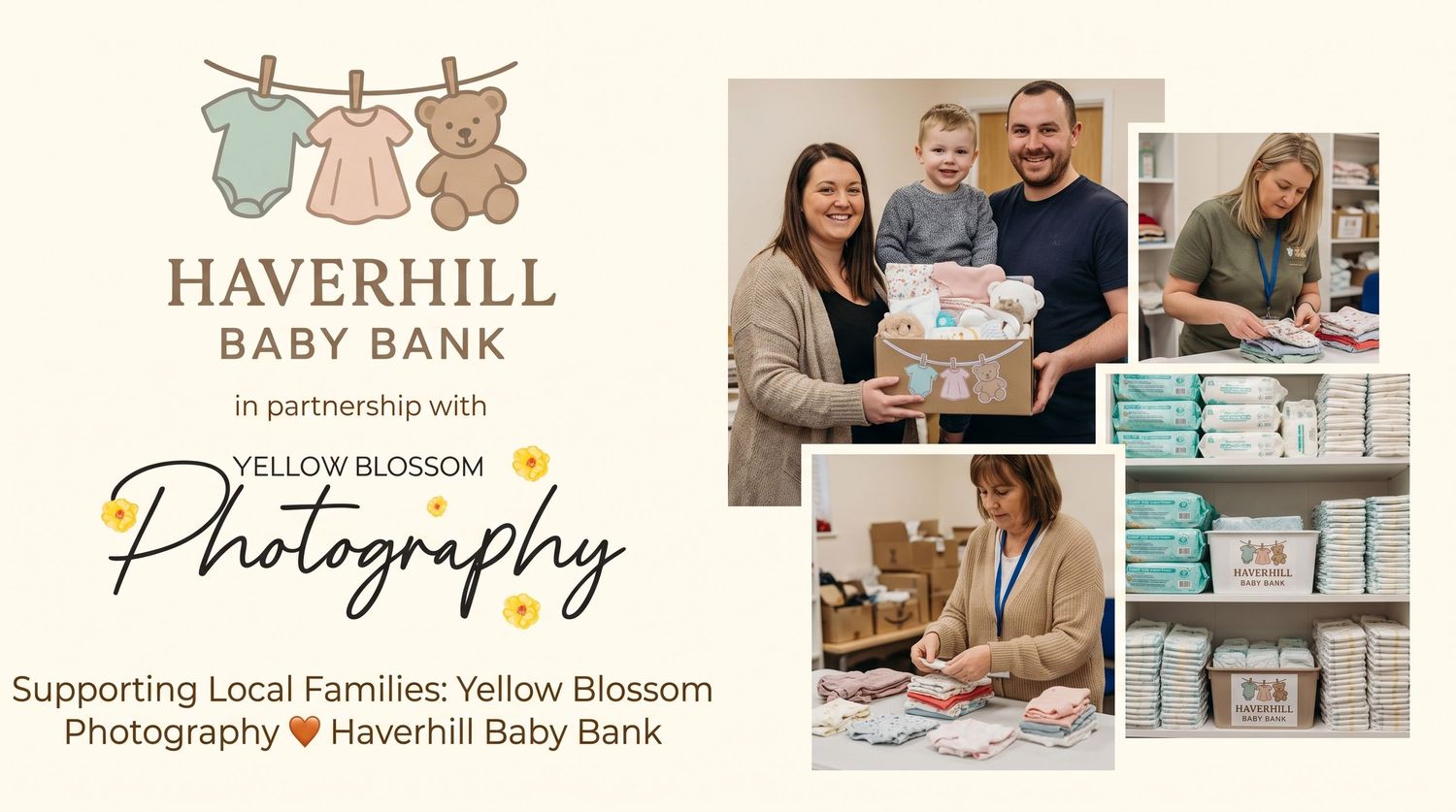 Haverhill Baby Bank and Yellow Blossom Photography collaboration banner featuring families and baby supplies.