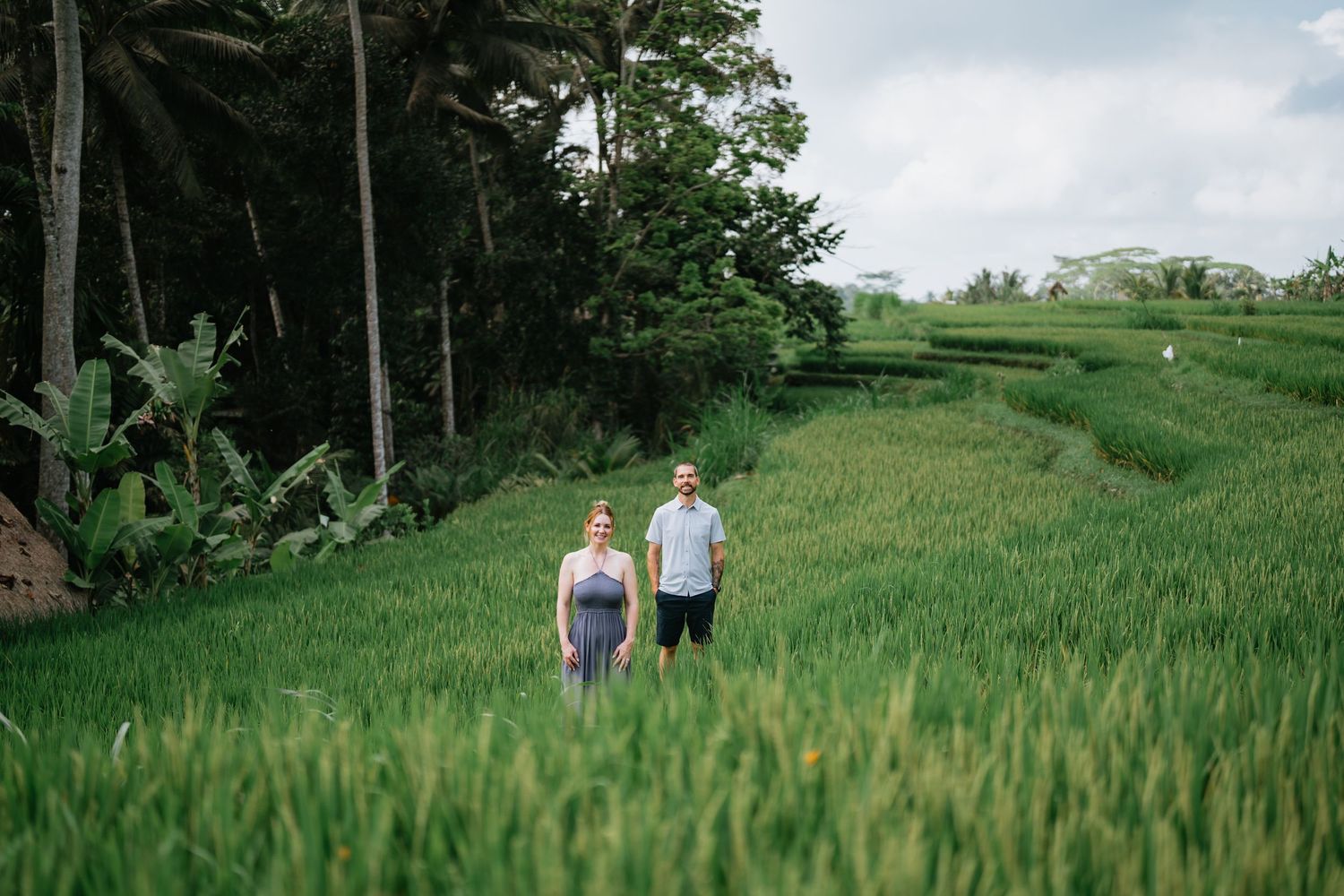 Scenic view of green terraced rice fields with tropical vegetation.