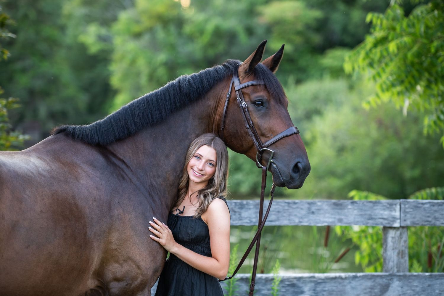 A bay horse and rider share an affectionate moment by a wooden fence in a tranquil summer setting.