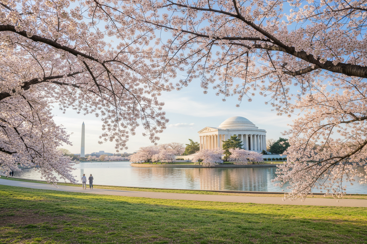 Panoramic view of the Jefferson Memorial and Tidal Basin in Washington DC during a calm morning with reflections on water.