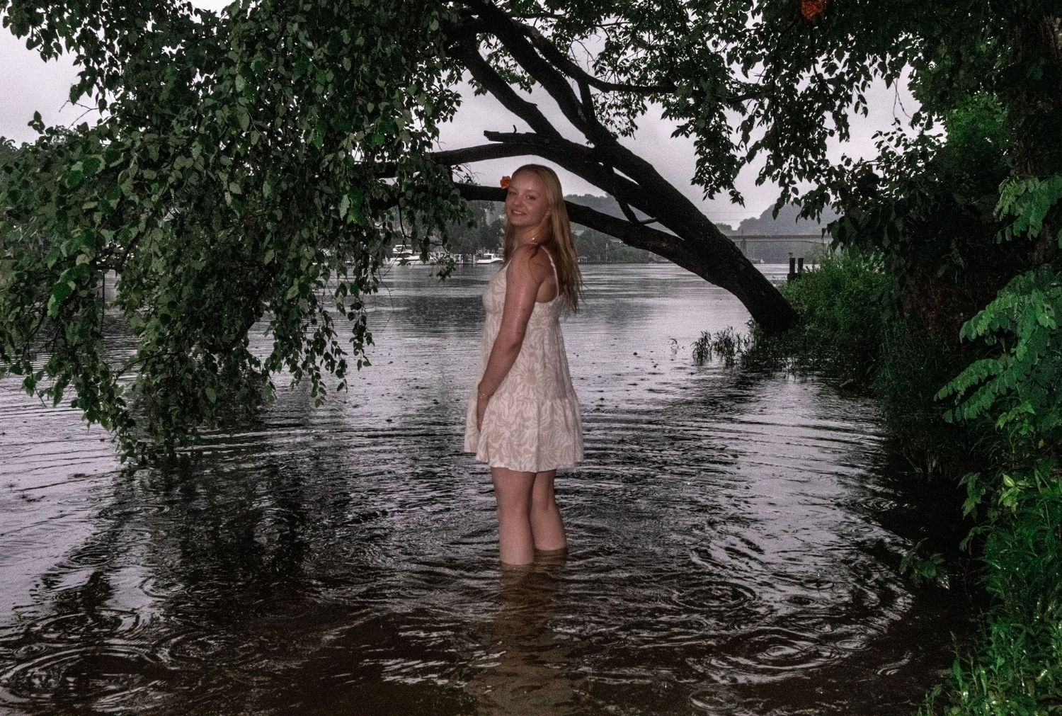 A dreamy scene of someone standing in shallow water under overhanging tree branches.