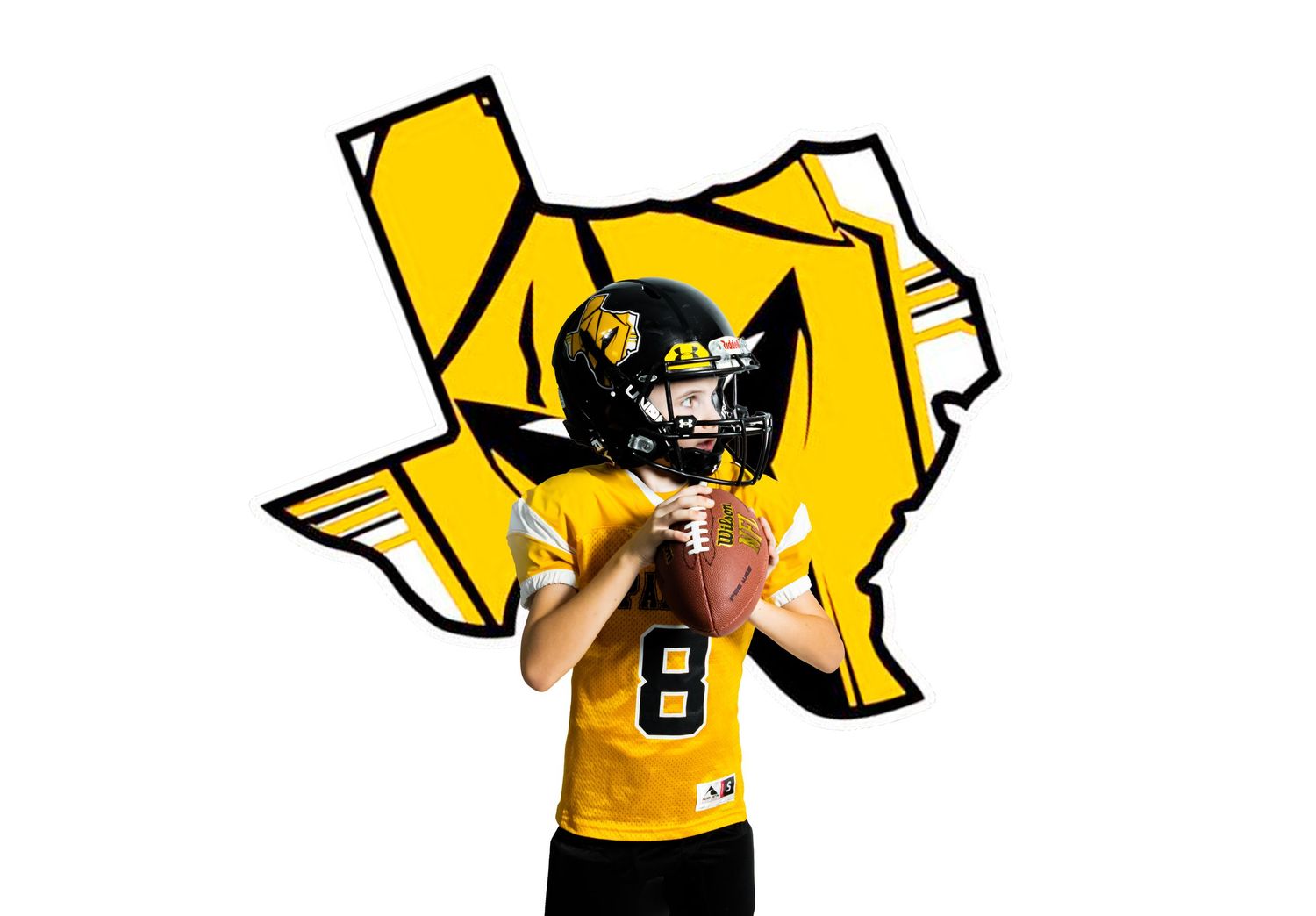 Youth football player in yellow jersey number 8 holds football in front of Texas state outline logo.