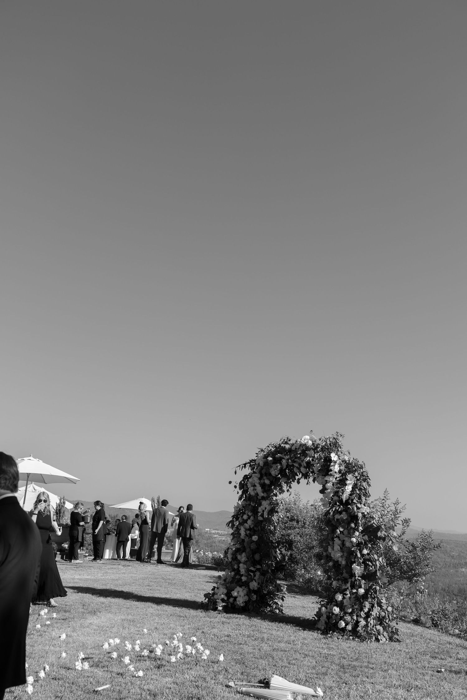 A black and white panoramic view of people gathered on a hilltop with scattered trees in the distance.
