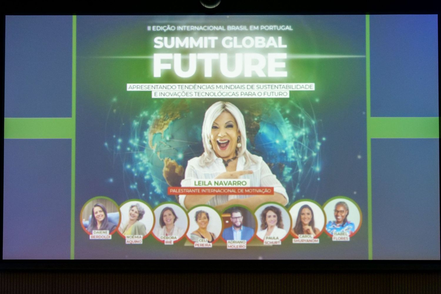 Summit Global Future international conference presentation on screen with speaker Leila Navarro.