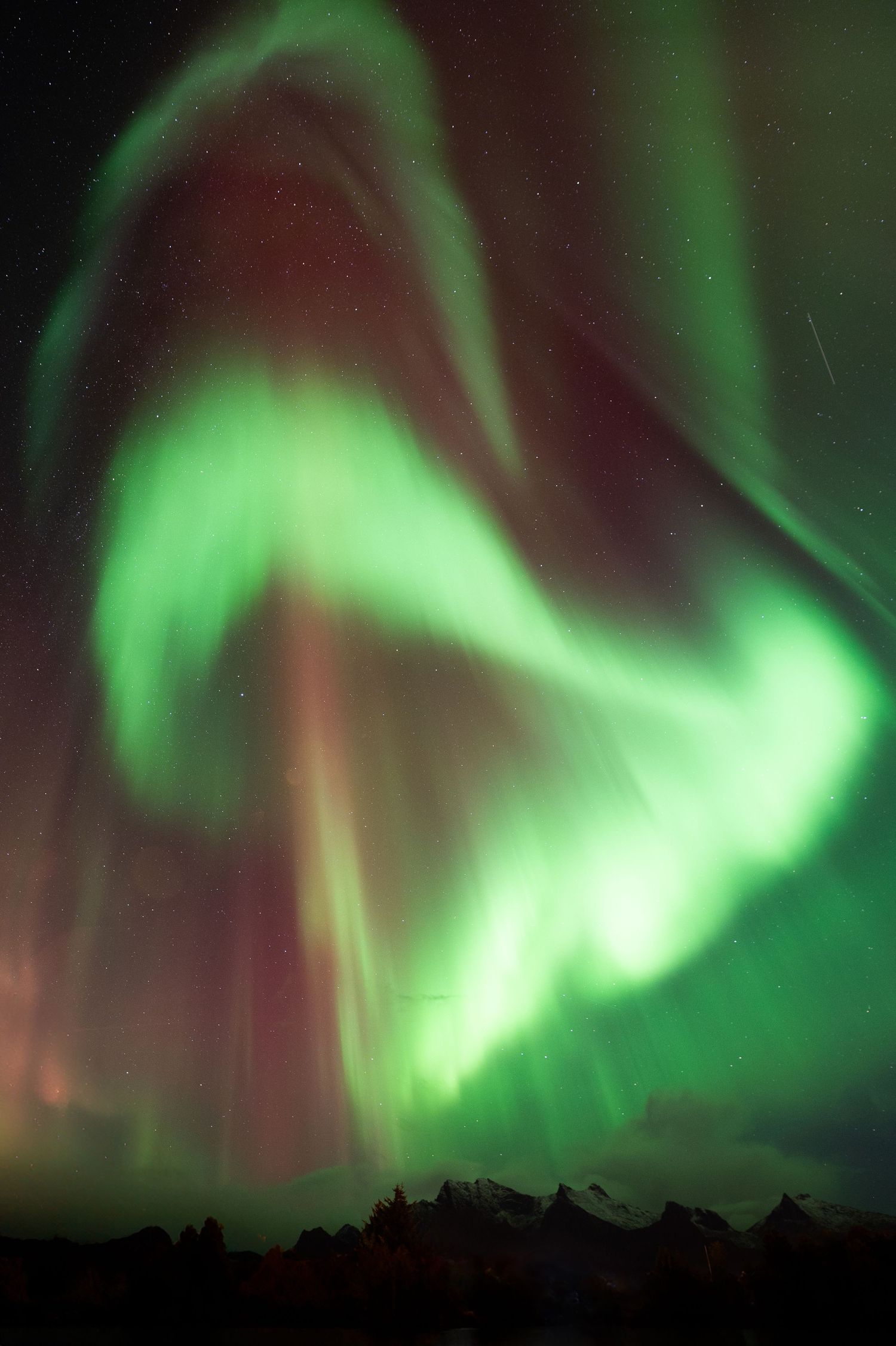 Vibrant green aurora borealis dancing across the night sky above a dark mountain landscape.