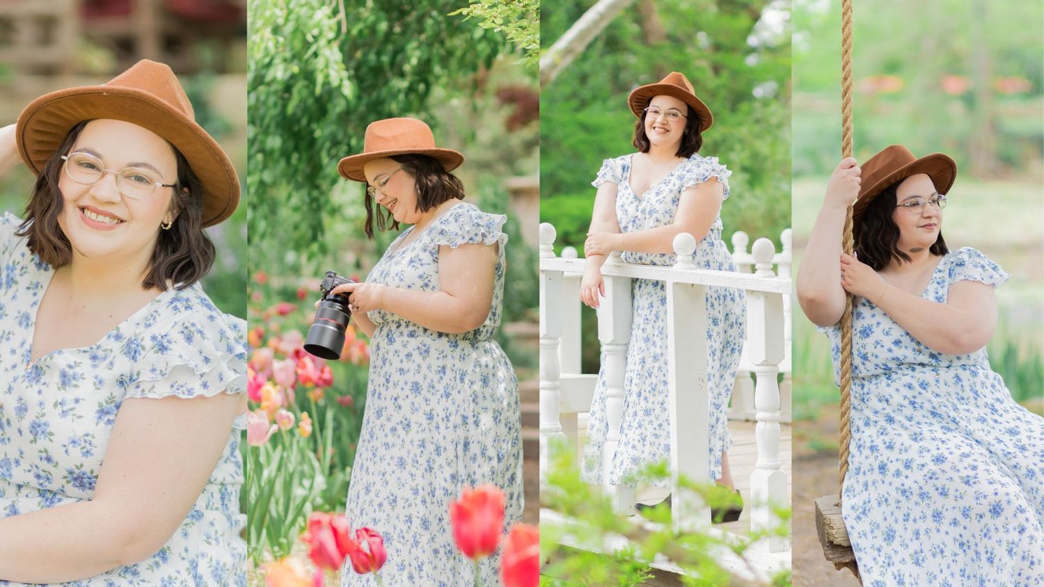 Woman in floral dress and tan hat poses in a colorful garden setting.