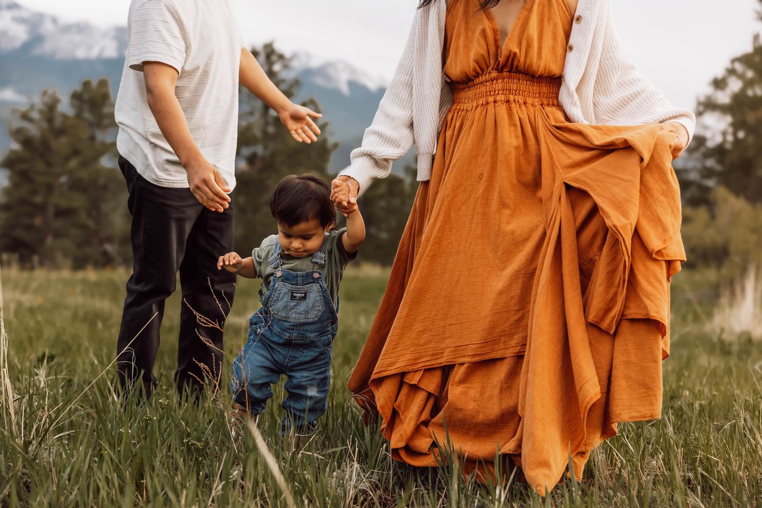 A small child in denim overalls takes first steps in a mountain meadow while held by parents.