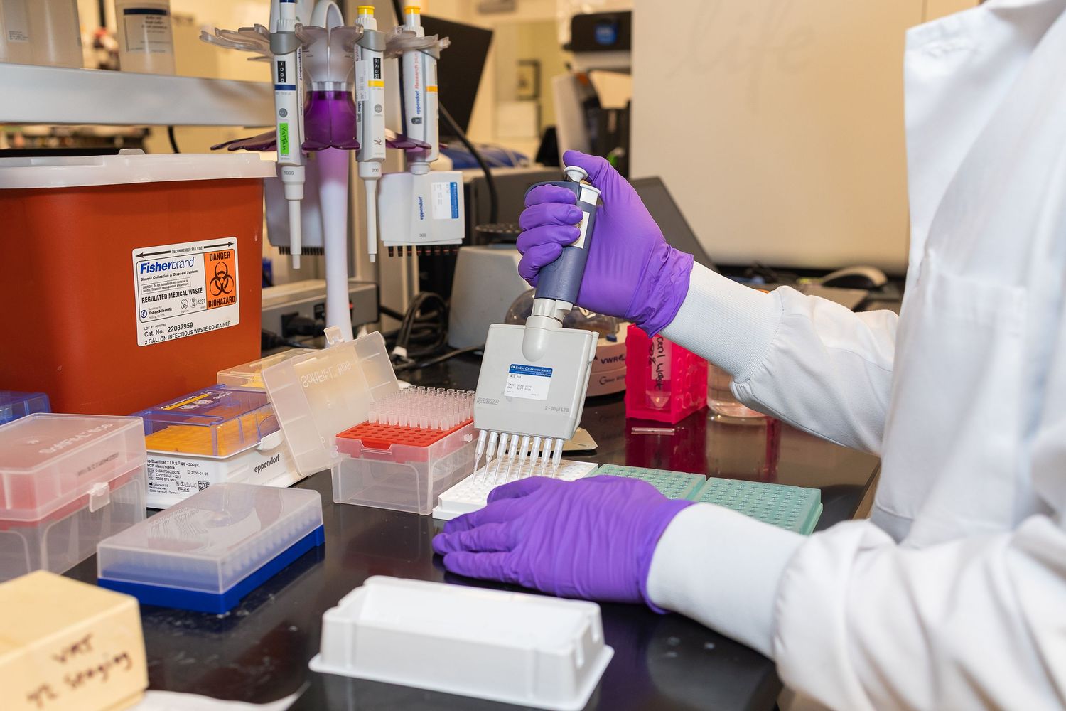 Laboratory technician in protective gear pipetting samples into microwell plates for scientific analysis.