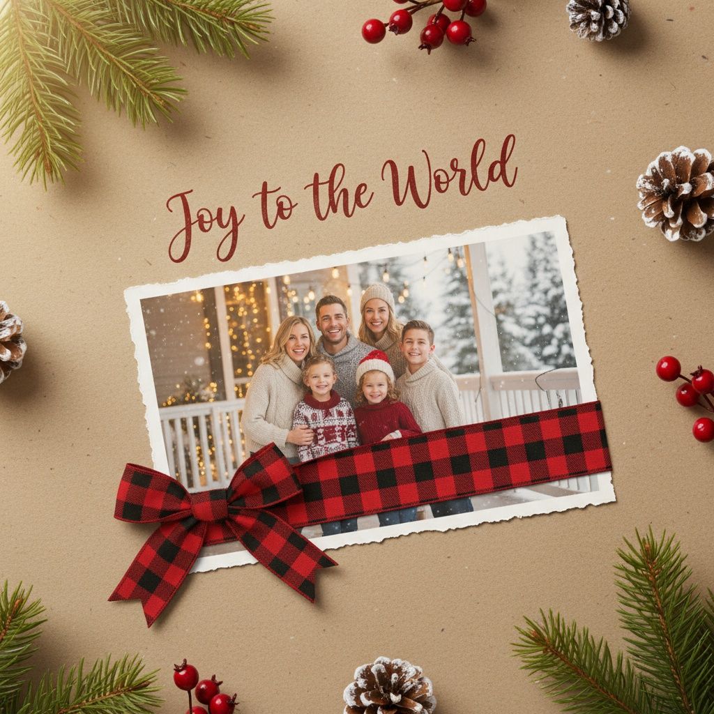 Holiday photo cards with red buffalo plaid bows arranged with pine branches and berries on beige background.