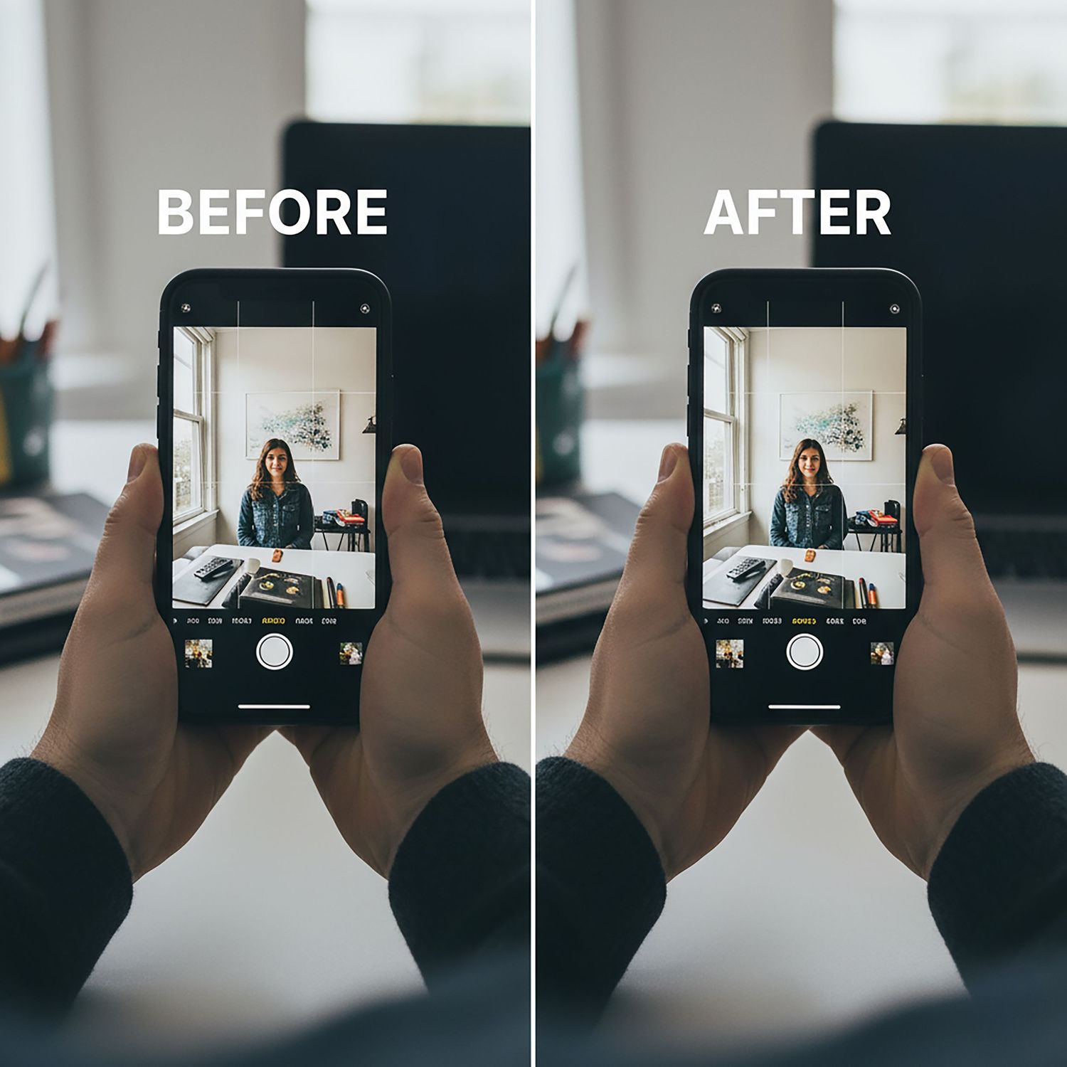 A series of hands holding a smartphone taking photos of a room interior showing before and after comparison shots.